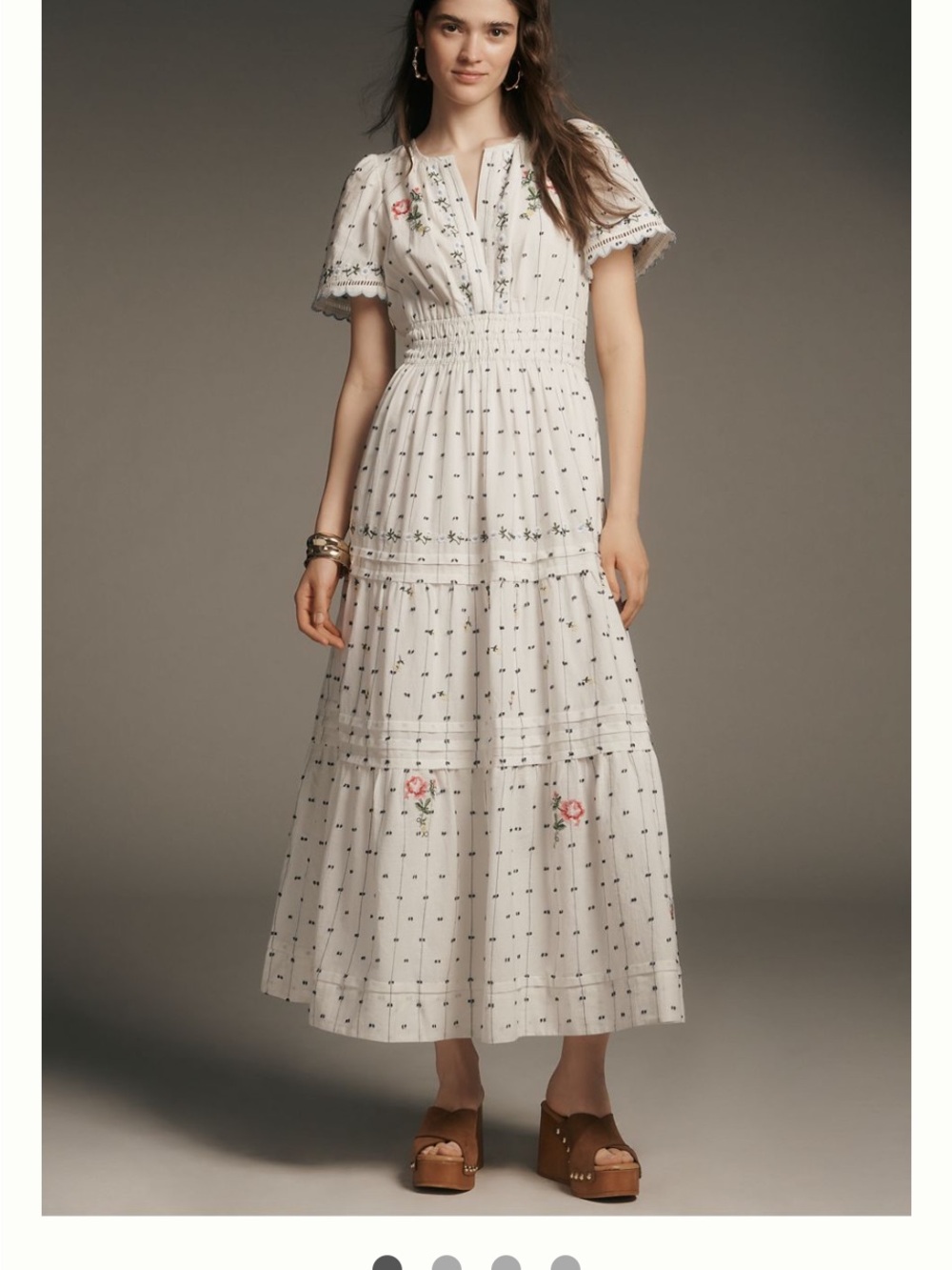 Anthropologie NEW White Maxi Dress with Pink Rose Embroidery